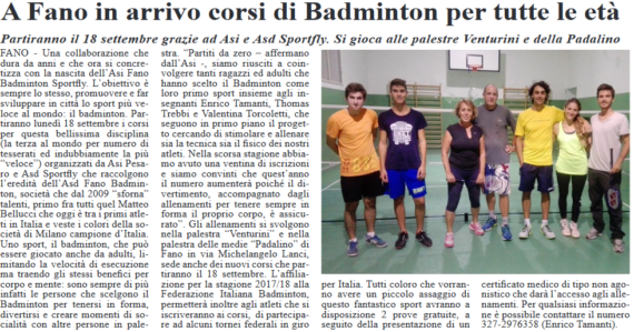 A Fano ripartono i corsi di Badminton targati SSD SportFly by Fano Informa